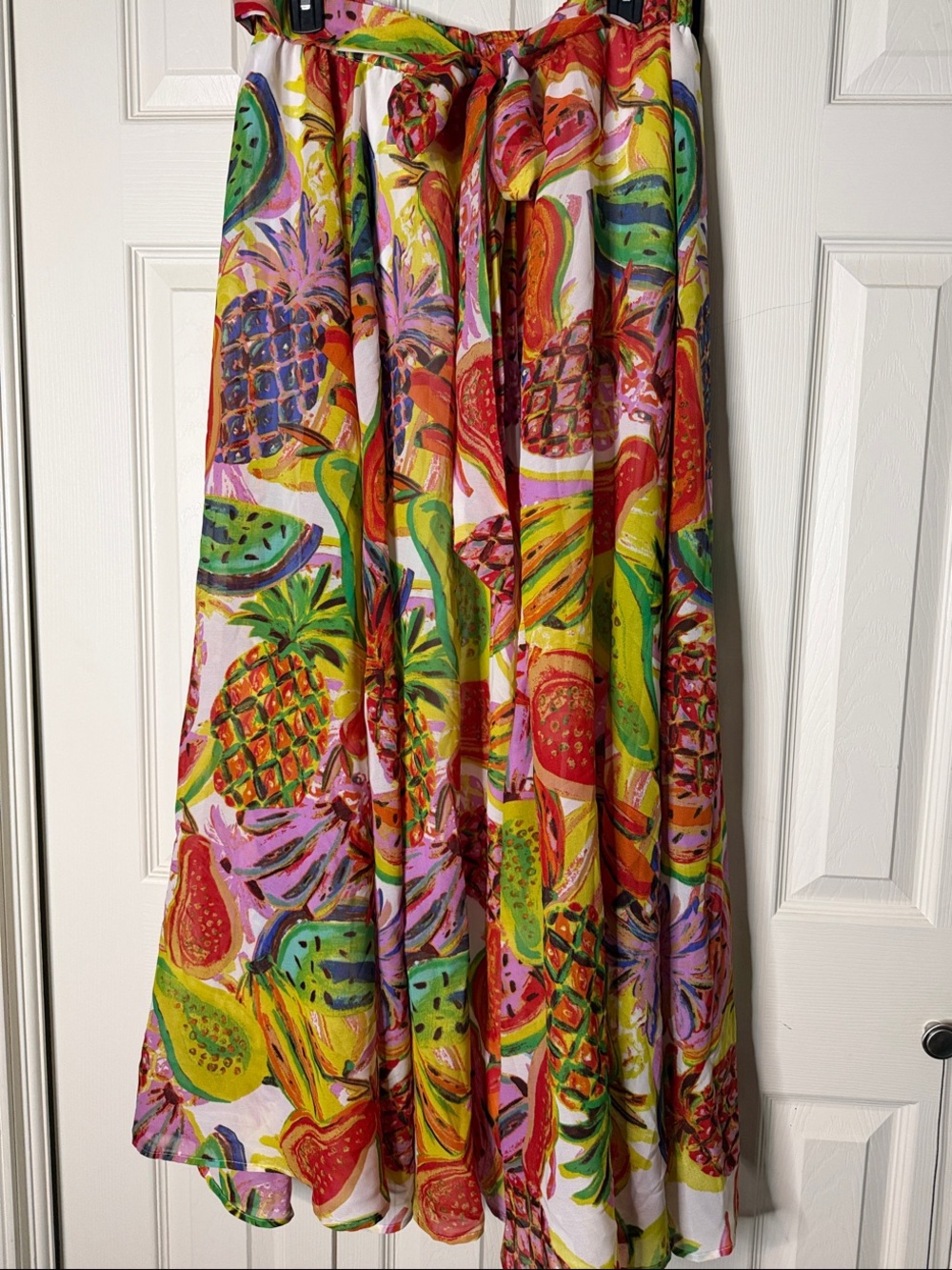 Tropical Multicolor Fruit-Print Maxi Skirt with Tie Waist